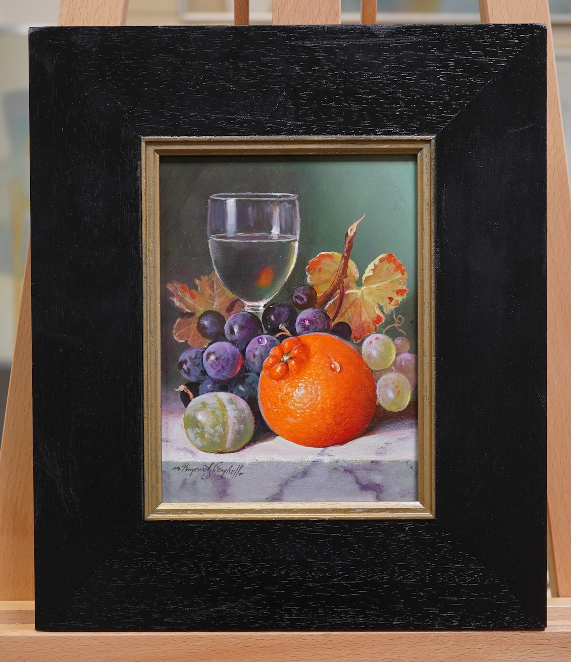 Raymond Campbell, (b. 1956), ‘Oranges, Grapes, greengage, and wine glass’